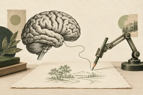 An engraved brain guiding a mechanical pencil