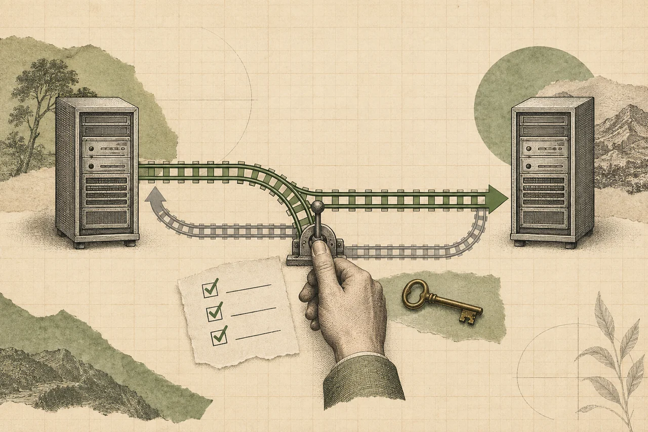 A hand operates a switch between two servers, with a return route, checklist, and key representing approval and rollback.